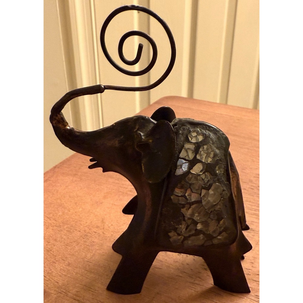 Vintage Metal Elephant‎ With Glass Picture Holder Note Card Photo Ornate Animal